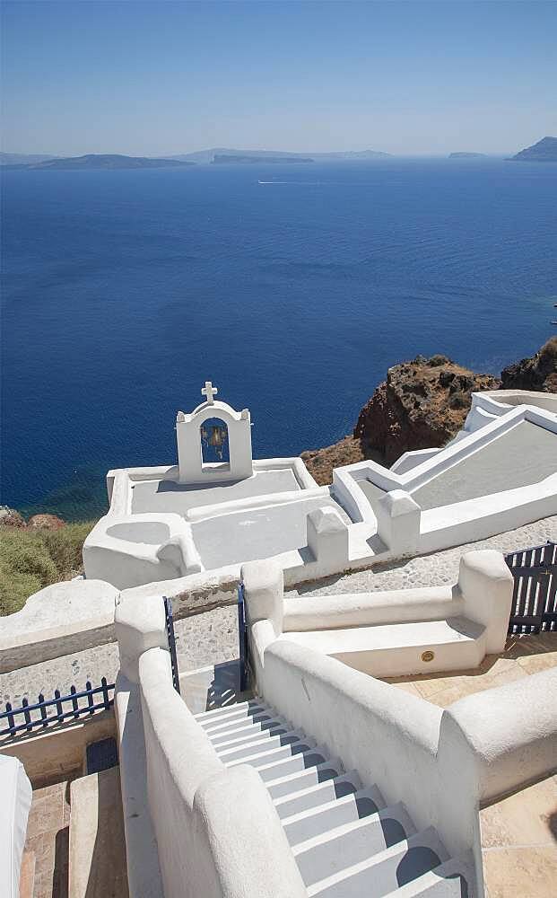 High angle view of Santorini church tower, Cyclades, Greece