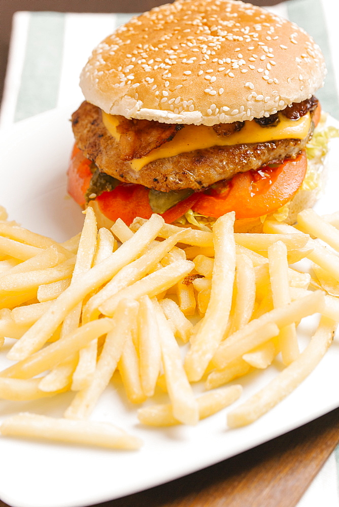 Cheeseburger with bacon and french fries