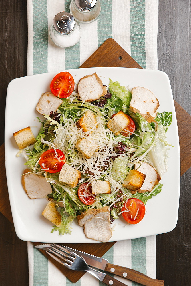 Salad with croutons on plate