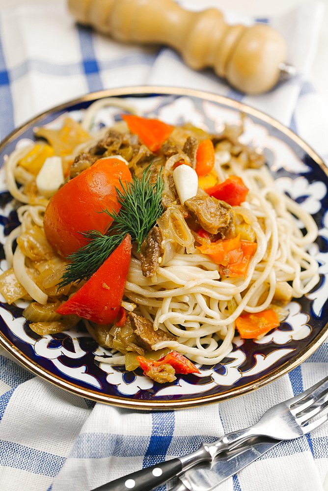 Beef and noodles on plate