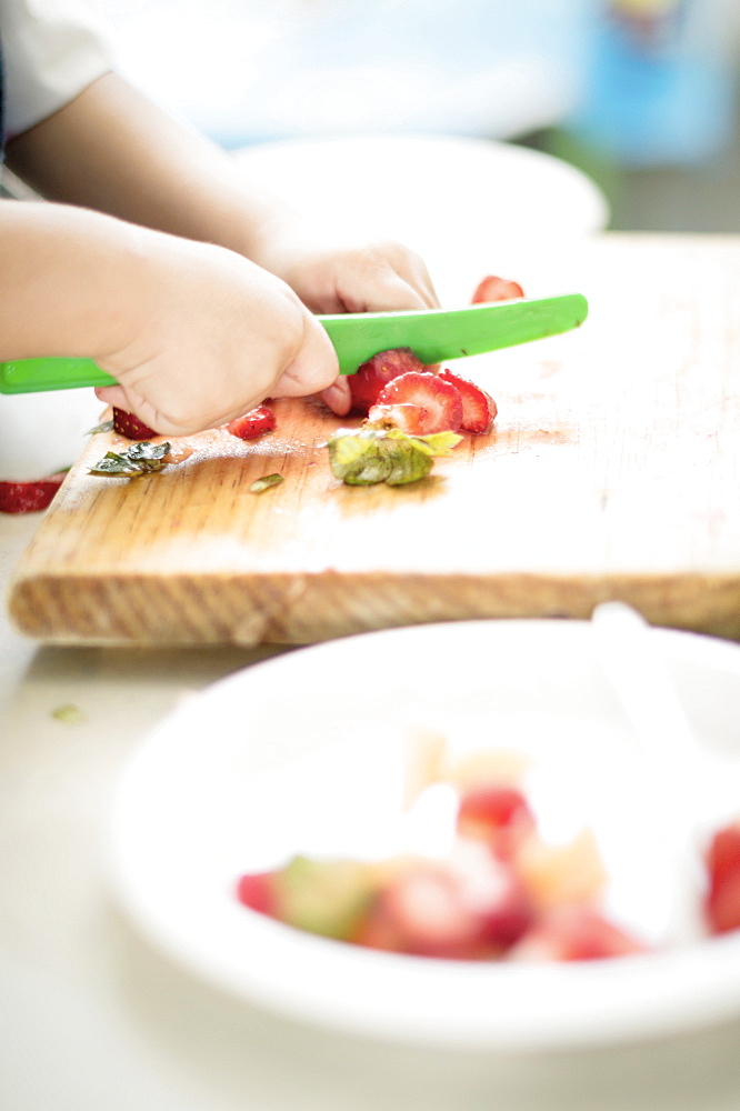 Hands of Hispanic boy cutting strawberry with plastic knife