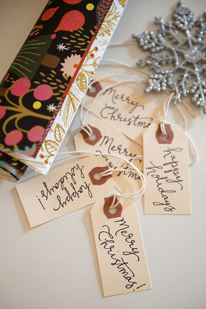 Wrapping paper, tags and Christmas ornament