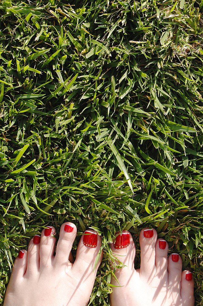 Red toenails of barefoot woman in grass