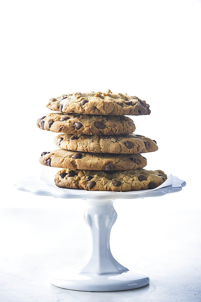 Stack of chocolate chip cookies on tray