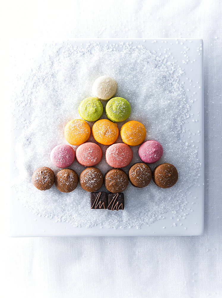 Macaroons and chocolate in shape of tree on plate with sugar