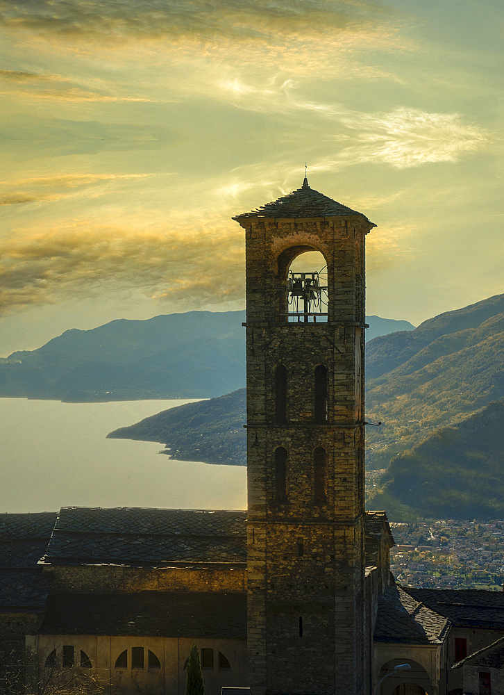 Bell tower at sunset, Gravedona, Lake Como, Italy