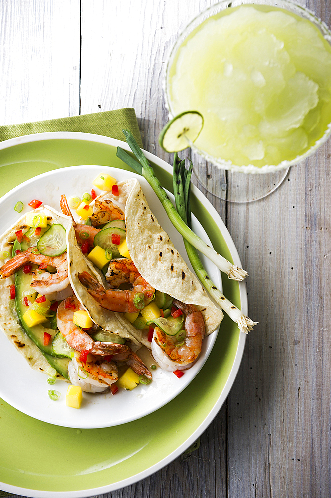 Shrimp tacos and frozen margarita