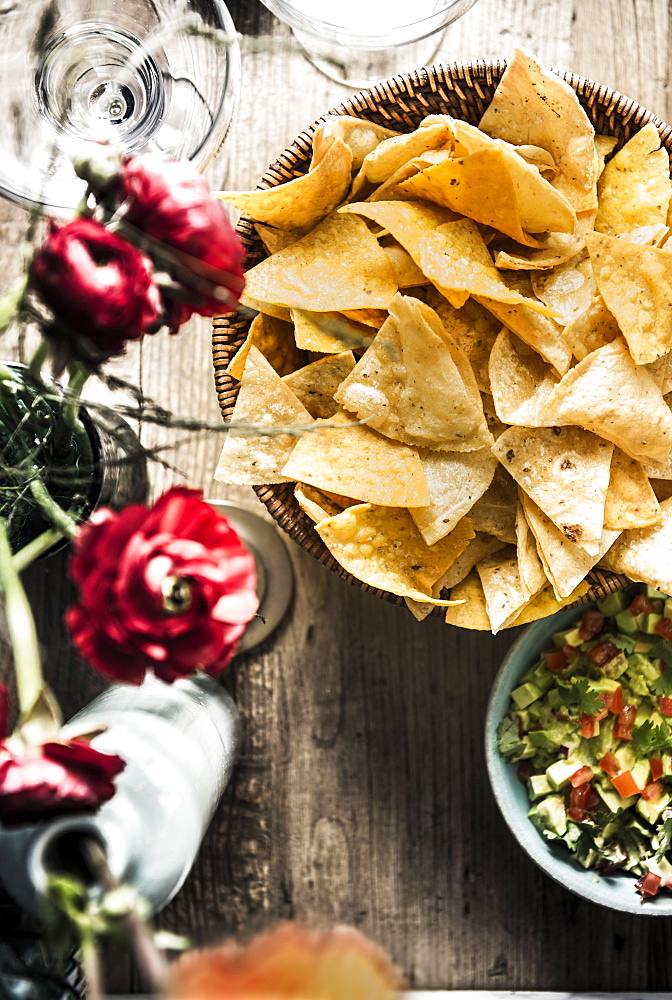 Bowl of tortilla chips and pico de gallo