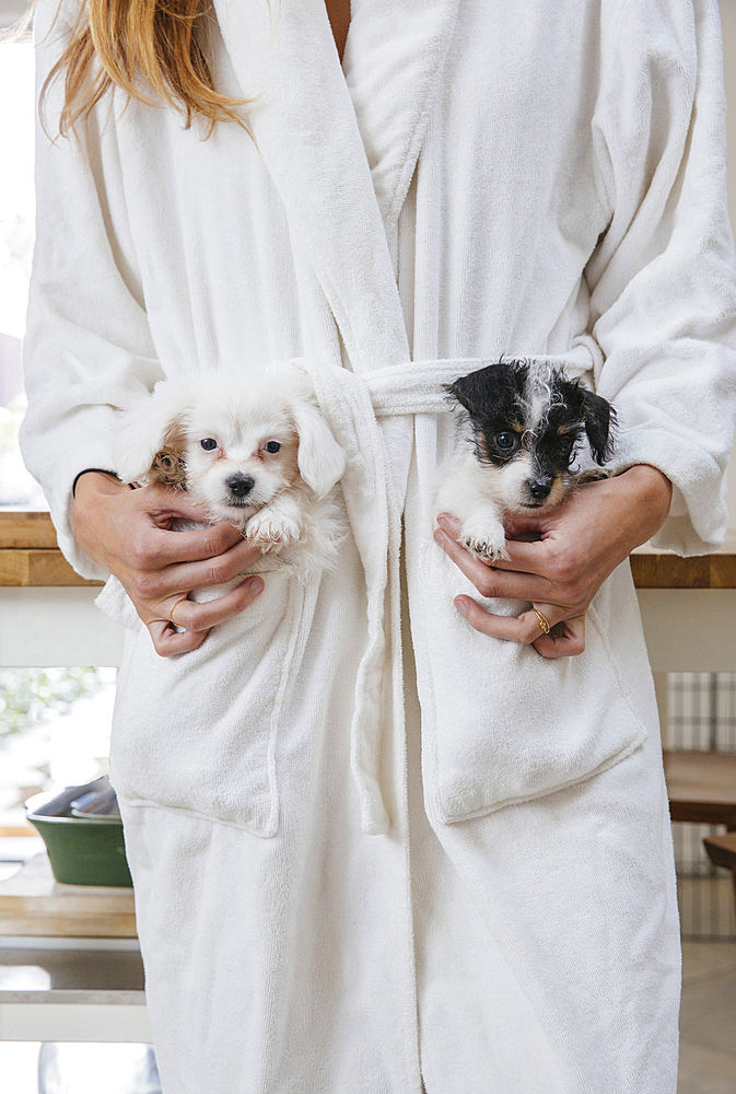 Caucasian woman wearing bathrobe carrying puppies in pockets