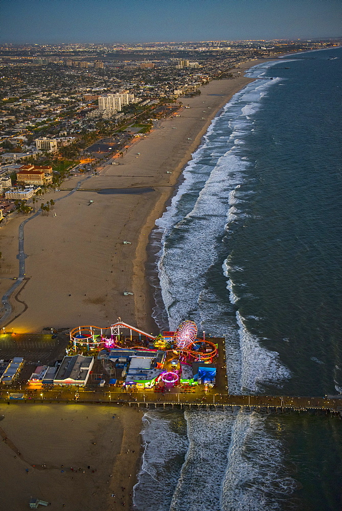 Aerial view of Santa Monica Pier in Los Angeles cityscape, California, United States