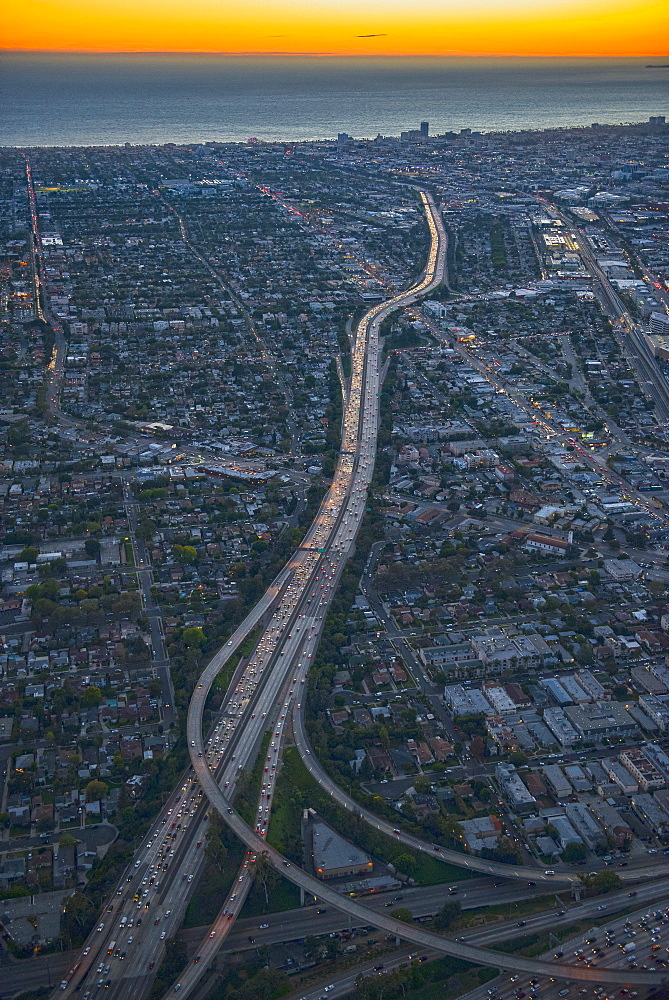 Aerial view of highways in Los Angeles cityscape, California, United States