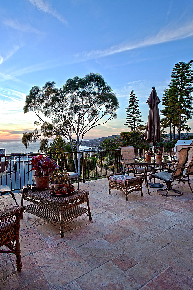 Ocean view from patio at sunset, Laguna Beach, California, USA