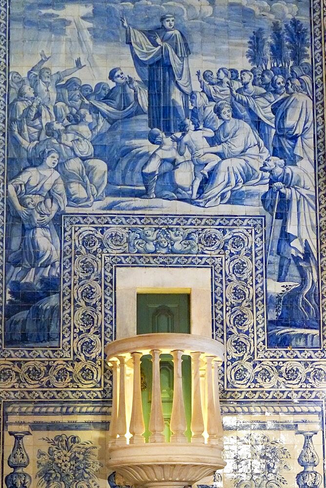 Portugal, Evora, Blue azulejo tiles on wall in church