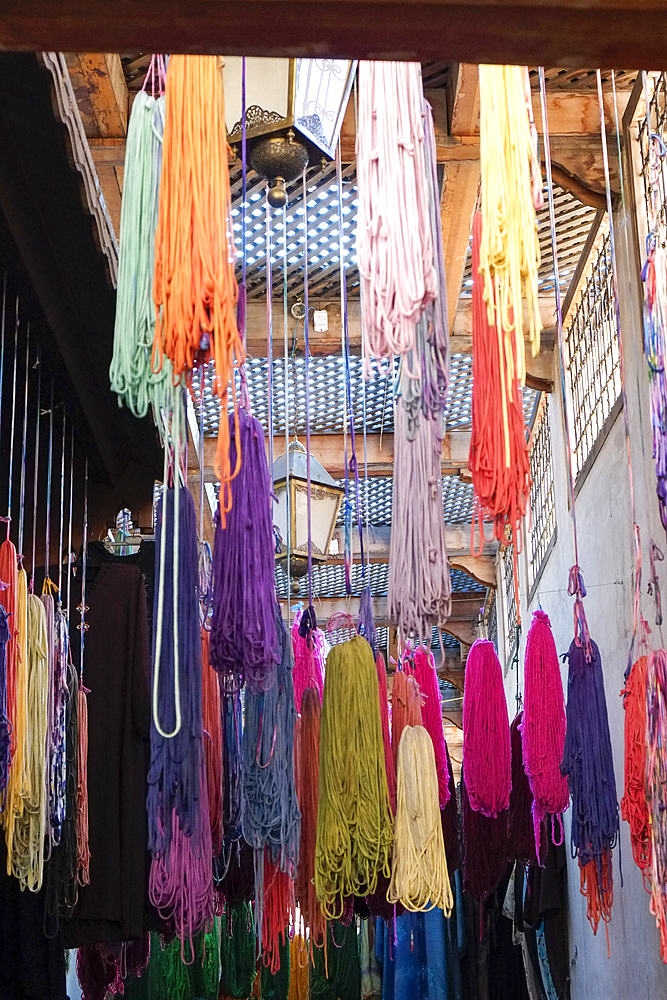 Fes Morocco Skeind of yarn hang to dry after being hand dyed