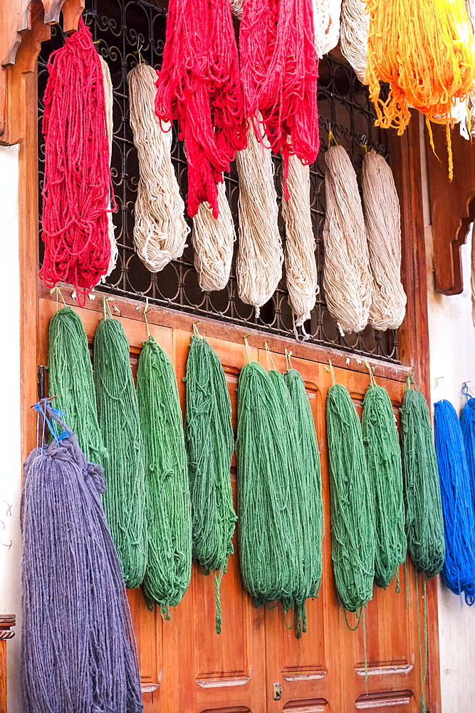 Fes Morocco Skeind of yarn hang to dry after being hand dyed