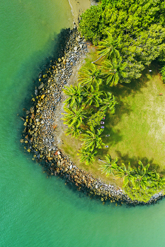 Drone view of tropical island and turquoise sea