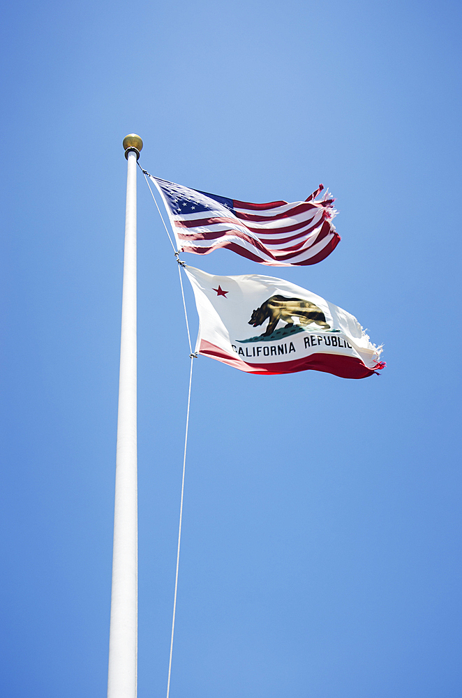 US and California flags, Sausalito, California, USA