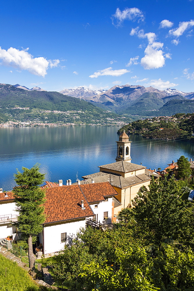 View of the bell tower and village of Dorio, Lake Como, Province of Lecco, Lombardy, Italy, Europe