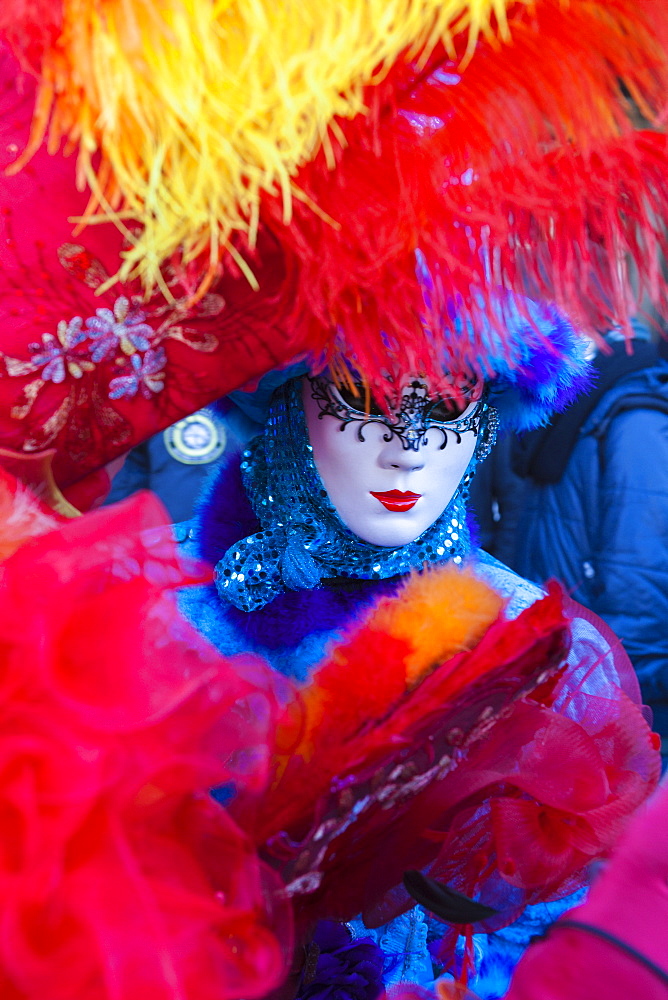 Colourful mask and costume of the Carnival of Venice, famous festival worldwide, Venice, Veneto, Italy, Europe