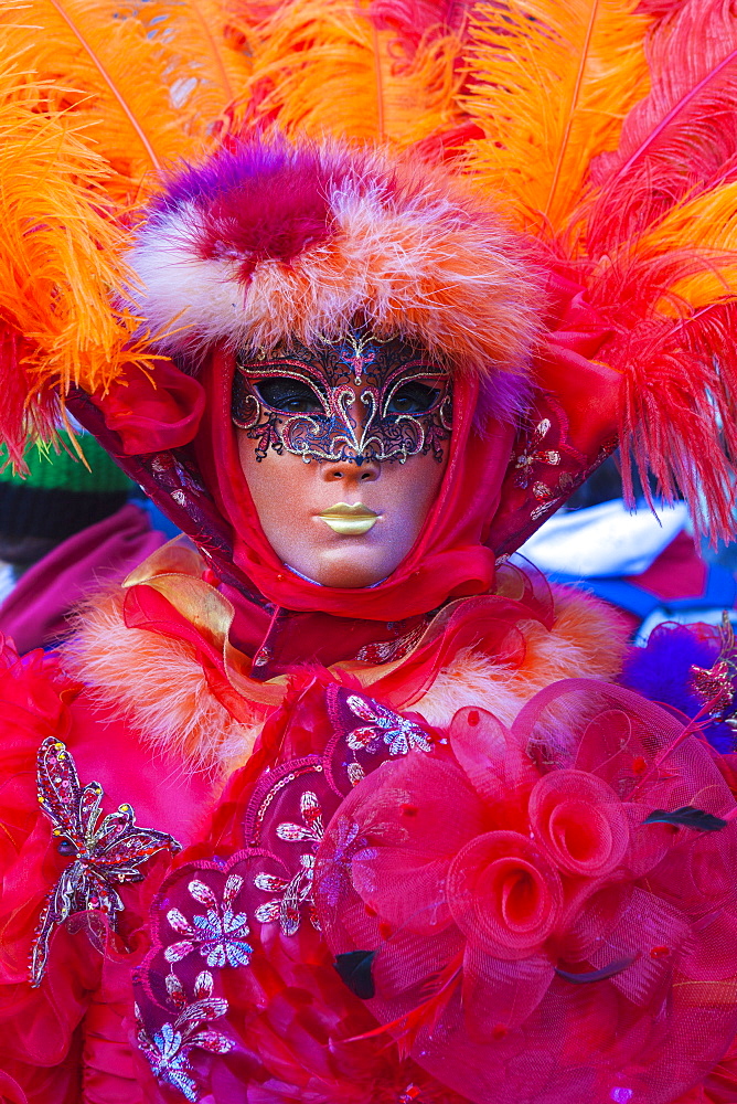 Colourful mask and costume of the Carnival of Venice, famous festival worldwide, Venice, Veneto, Italy, Europe