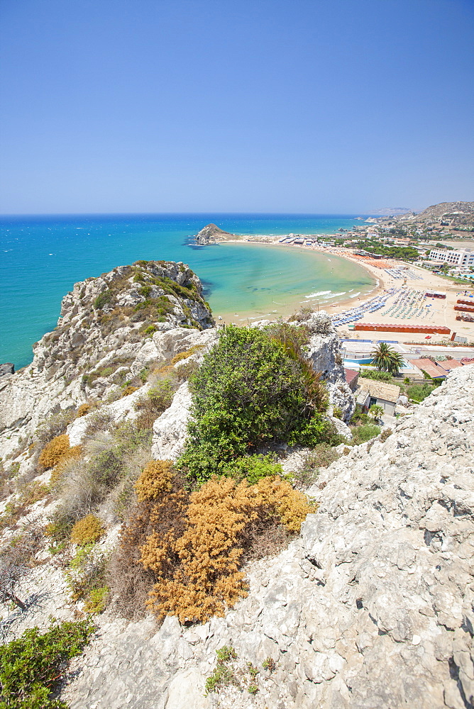 The cliffs frame the turquoise sea and the sandy beach of Licata, Province of Agrigento, Sicily, Italy, Mediterranean, Europe