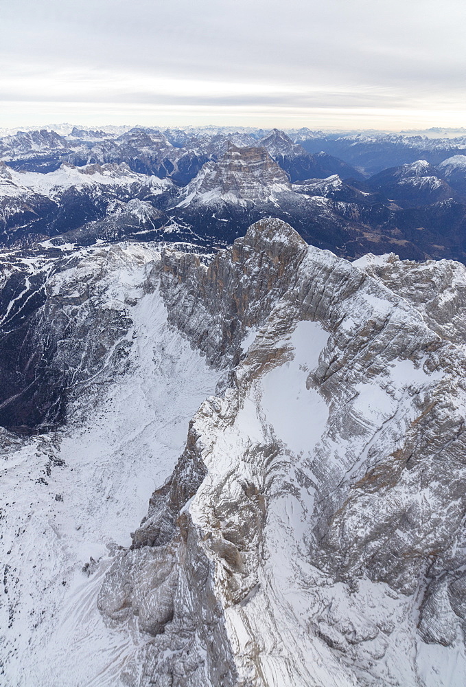 Aerial view of the rocky peaks of Monte Civetta, Ampezzo, Dolomites, Province of Belluno, Veneto, Italy, Europe