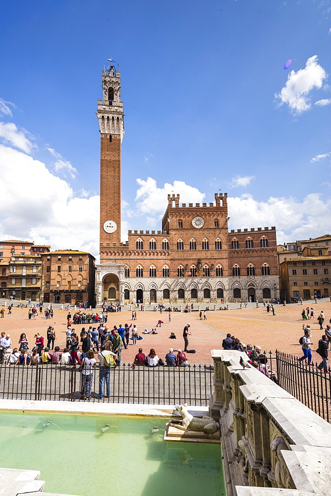 Piazza del Campo with the old Palazzo Pubblico, Torre del Mangia and the Fonte Gaia fountain, Siena, UNESCO World Heritage Site, Tuscany, Italy, Europe