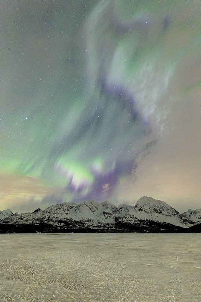 The icy lake of Jaegervatnet framed by the Northern Lights (aurora borealis) and starry sky in the polar night, Lyngen Alps, Troms, Norway, Scandinavia, Europe