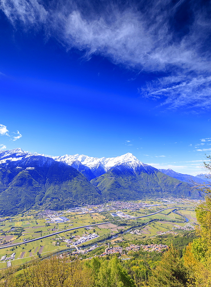 Snowy peaks of Rhaetian Alps in spring seen from Prati Nestrelli, Civo, province of Sondrio, Valtellina, Lombardy, Italy, Europe