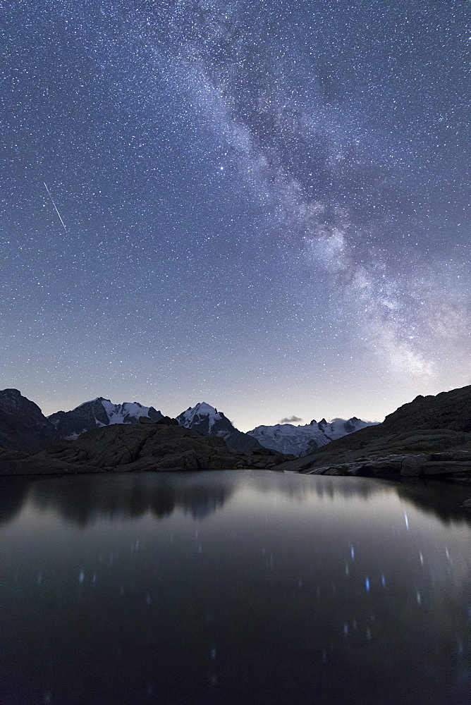 Milky Way on Piz Bernina, Fuorcla Surlej, Corvatsch, Engadine, Canton of Graubunden, Swiss Alps, Switzerland, Europe