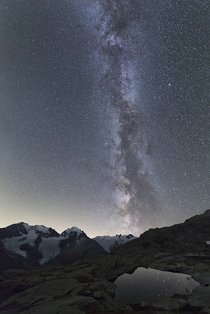 Milky way on Piz Bernina, Fuorcla Surlej, Corvatsch, Engadine, Canton of Graubunden, Swiss Alps, Switzerland, Europe