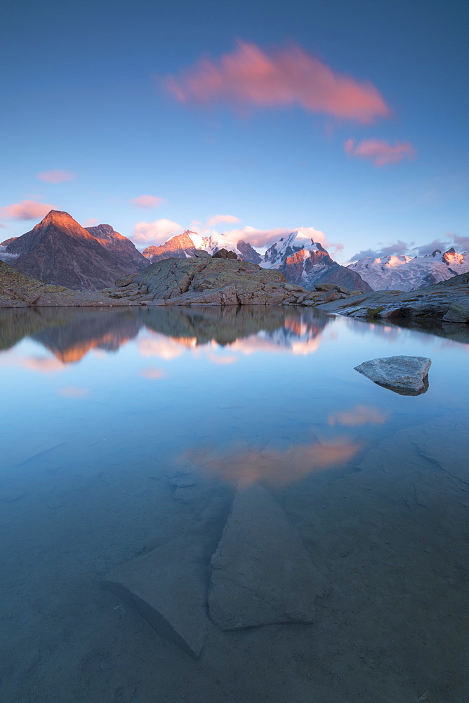 Pink clouds at sunset on Piz Bernina, Fuorcla Surlej, Corvatsch, Engadine, Canton of Graubunden, Swiss Alps, Switzerland, Europe