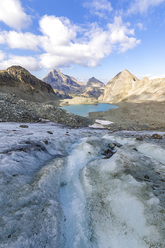 Glacier at the foot of Lej Lagrev, Silvaplana, Engadine, Canton of Graubunden, Switzerland, Europe