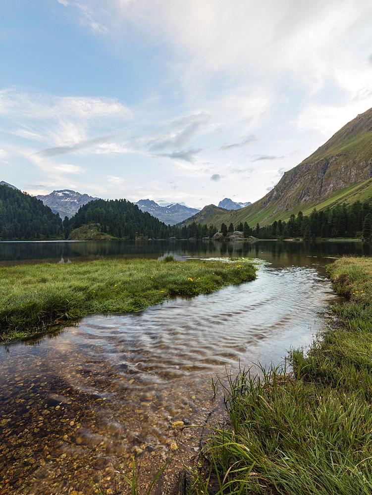 Sunrise at Lake Cavloc, Maloja Pass, Bregaglia Valley, Engadine, Canton of Graubunden, Switzerland, Europe