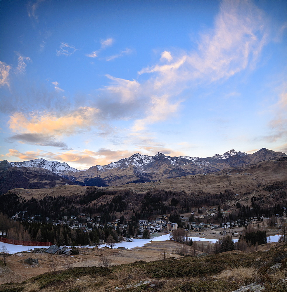 Panoramic of Madesimo at dawn, Spluga Valley, Sondrio province, Valtellina, Lombardy, Italy, Europe