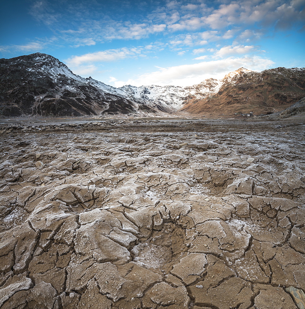 Panoramic of frozen soil of Montespluga, Chiavenna Valley, Sondrio province, Valtellina, Lombardy, Italy, Europe