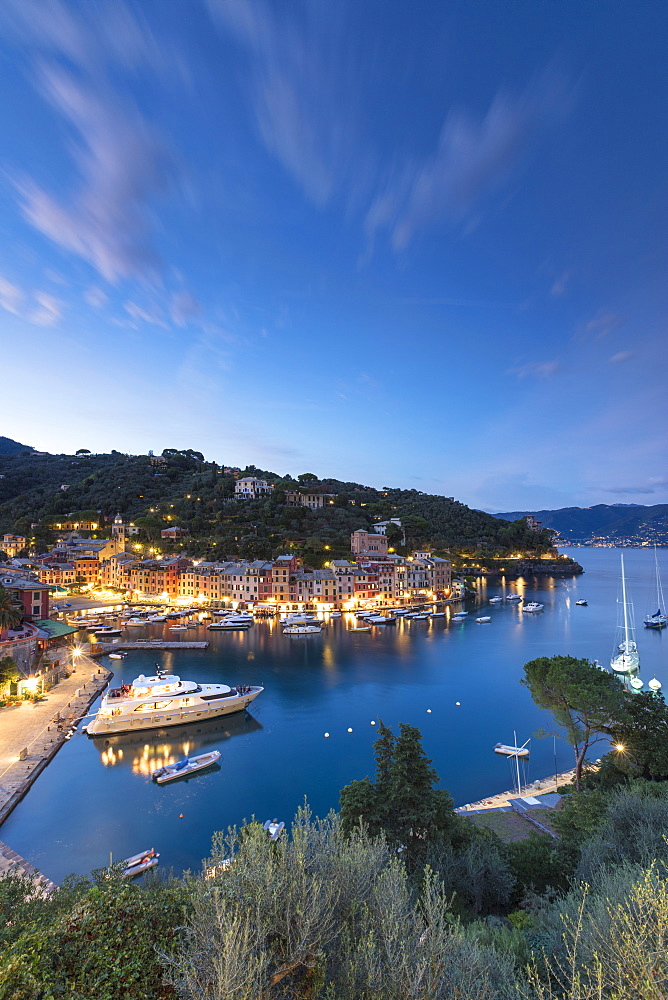 Elevated view of harbour and village of Portofino at dusk, province of Genoa, Liguria, Italy, Europe