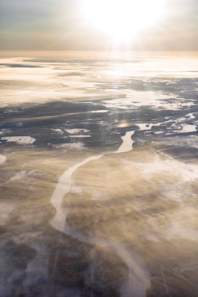 Aerial view of forest and hills at sunset, Levi, Kittila, Lapland, Finland, Europe