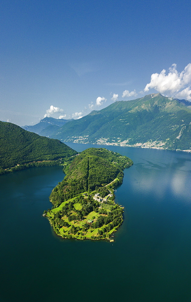 Panoramic aerial view of Piona Abbey (Abbazia Priorato di Piona) and Lake Como, Colico, Lecco province, Lombardy, Italian Lakes, Italy, Europe