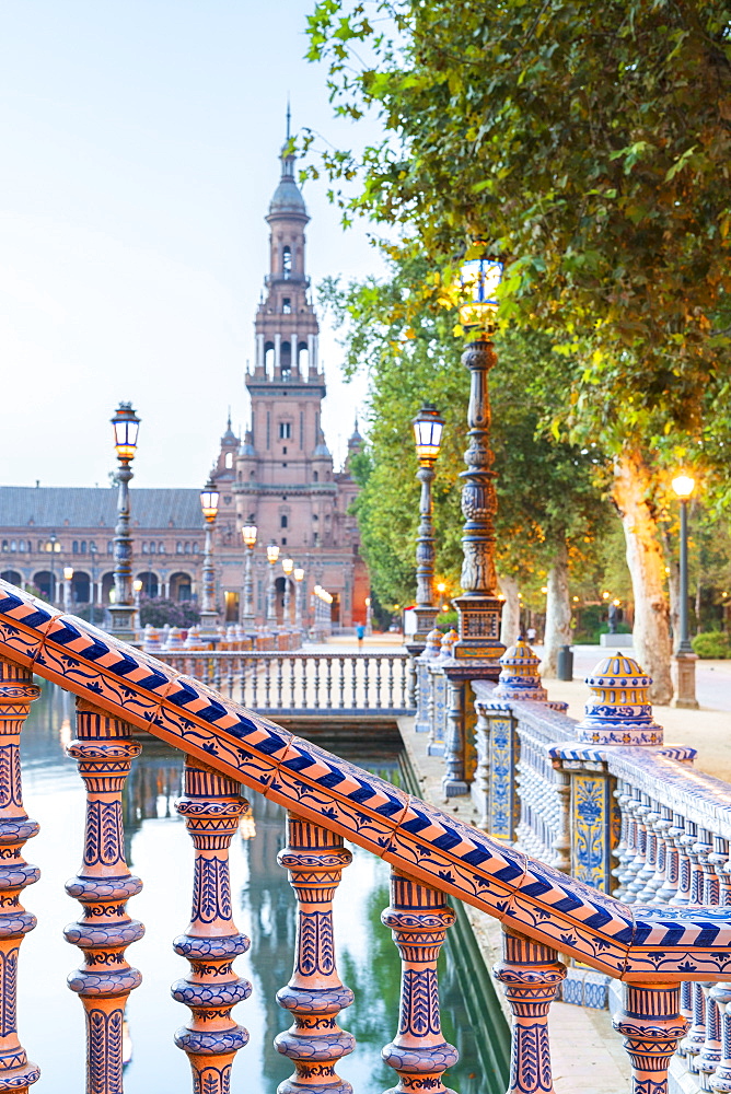 Details of decorated ceramic pillars of balustrade in typical Art Deco style, Plaza de Espana, Seville, Andalusia, Spain, Europe