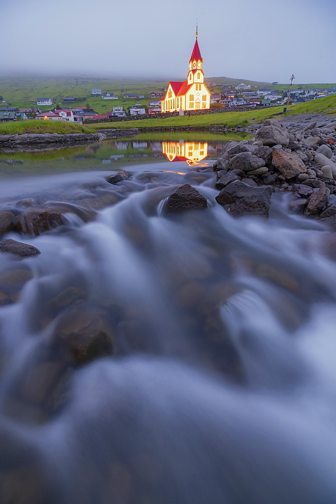 Church of Sandavagur at dusk, Vagar island, Faroe Islands, Denmark, Europe