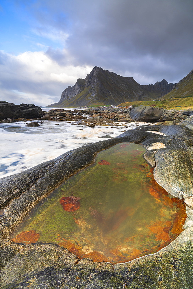 Rock pool on beach in Vikten, Lofoten Islands, Norway, Europe