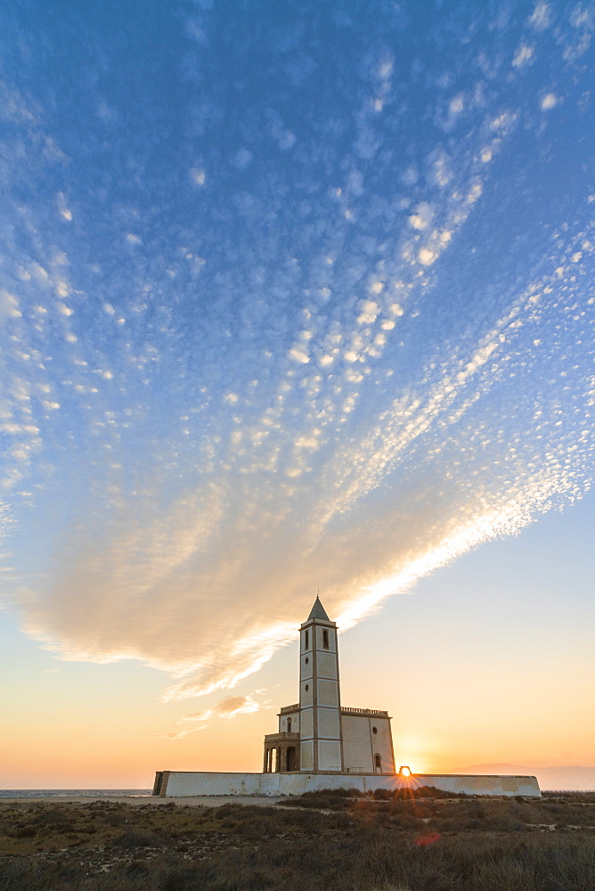 Church of the Almadraba at sunset in Cabo de Gata-Nijar Natural Park, Spain, Europe