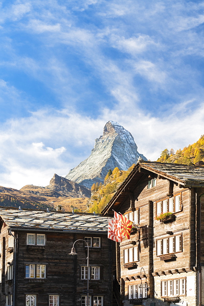 Wooden houses below Matterhorn in Zermatt, Switzerland, Europe