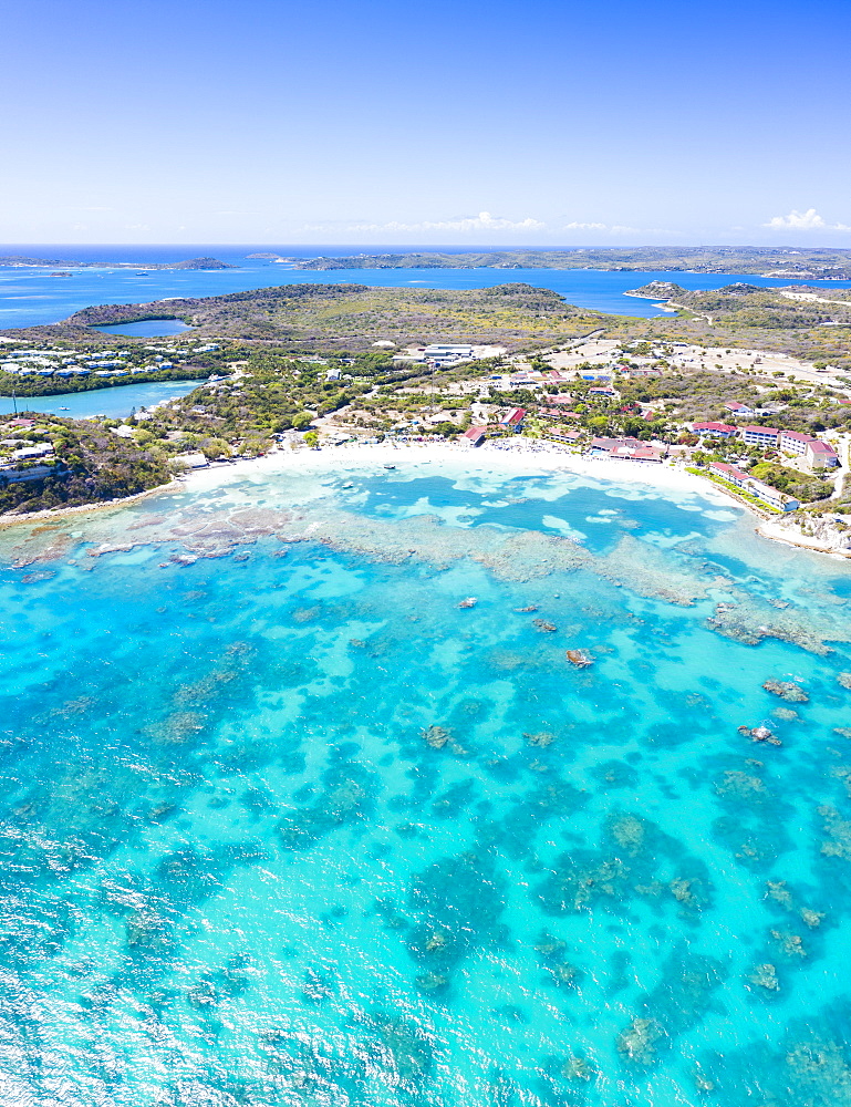 Aerial panoramic of white sand beach and coral reef, Long Bay, Antigua and Barbuda,, Leeward Islands, West Indies, Caribbean, Central America