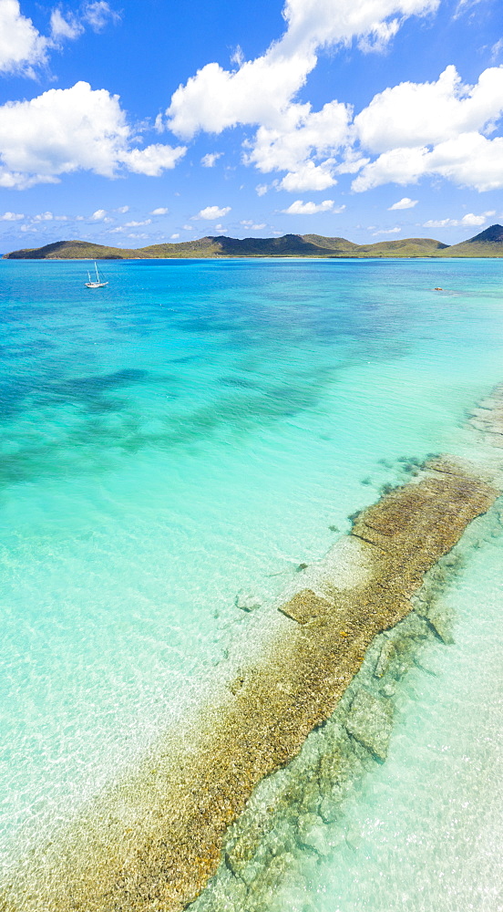 Aerial panoramic by drone of the transparent water of Caribbean Sea, Antilles, West Indies, Caribbean, Central America