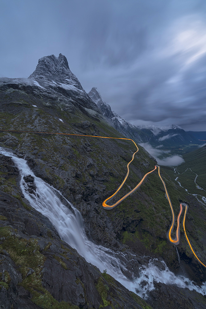 Car lights trails on curves of the winding Trollstigen road, Rauma Municipality, Norway, Scandinavia, Europe