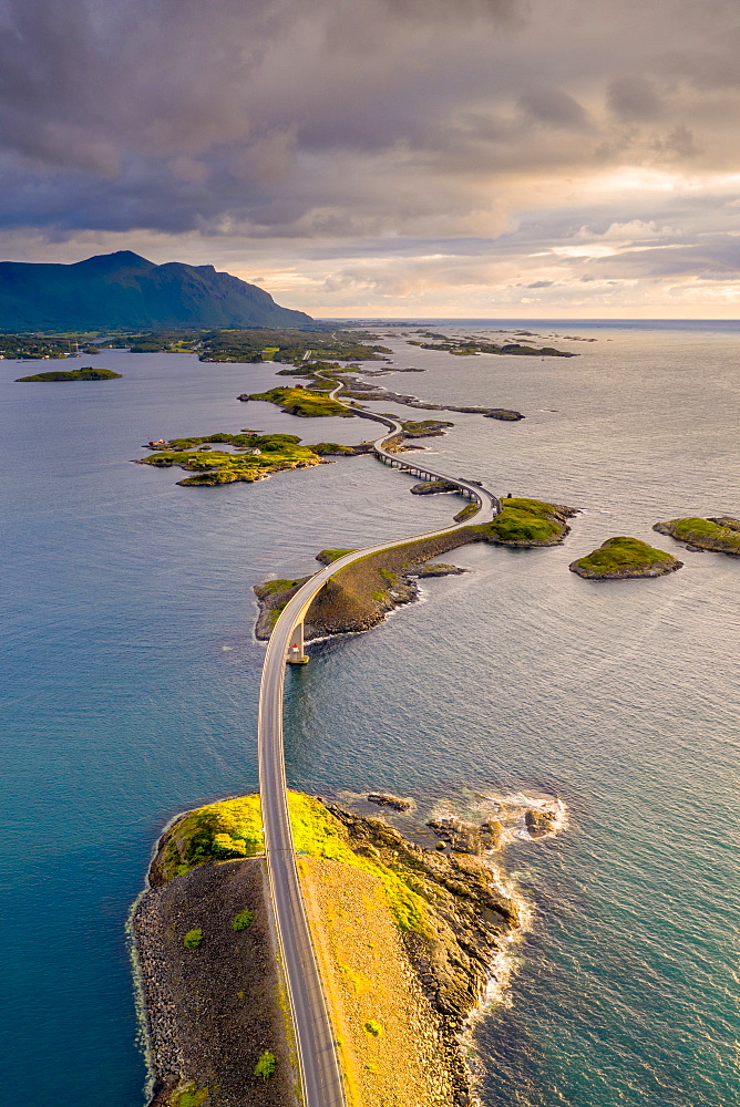 Sunset over Storseisundet Bridge view from above, Atlantic Road, More og Romsdal county, Norway, Scandinavia, Europe