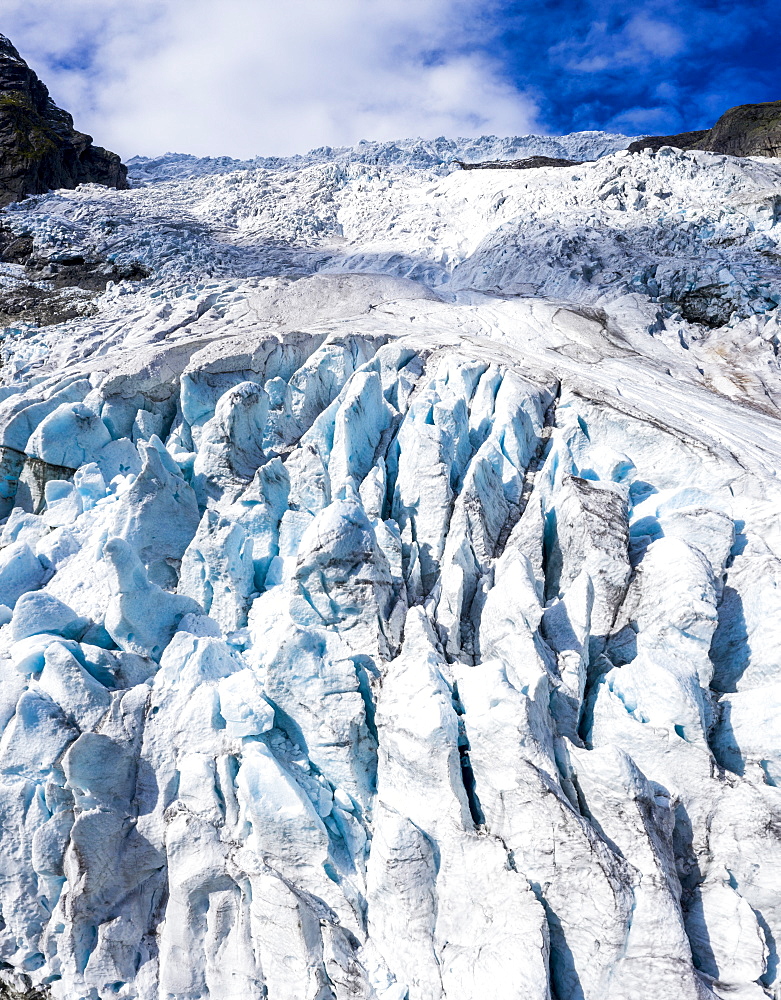 Aerial by drone of ice blocks of Boyabreen Glacier, Jostedalsbreen National Park, Fjaerland, Sogn og Fjordane county, Norway, Scandinavia, Europe