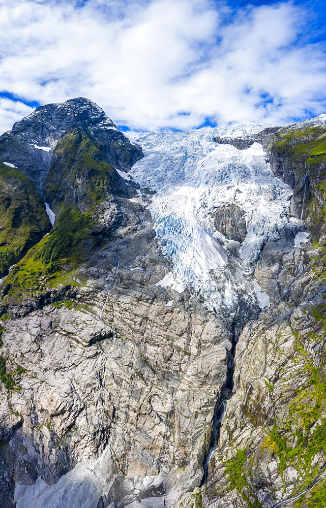 Aerial by drone of Boyabreen Glacier in summer, Jostedalsbreen National Park, Fjaerland, Sogndal, Sogn og Fjordane county, Norway, Scandinavia, Europe